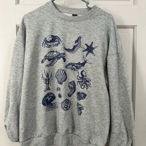 SHEIN Gray Crewneck Sweater with Blue Ocean Print